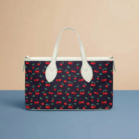 Cherry Handbag | Small Handheld Tote in Navy with Red Cherries