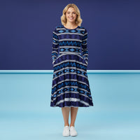 Aztec Blue Dress | Geometric Tribal Long Sleeve Midi Dress with Pockets