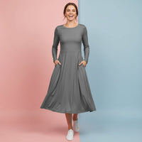 Modest Grey Dress | Charcoal Neutral Long Sleeve Midi Dress with Pockets