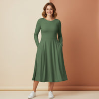 Hazel Green Dress | Deep Earthy Long Sleeve Midi Dress with Pockets