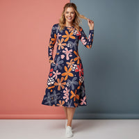 Modest Floral Dress | Botanical Flower Long Sleeve Midi Dress with Pockets