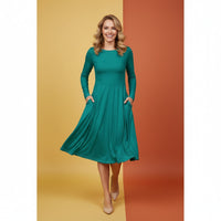 Teal Modest Dress | Elegant Jewel Tone Long Sleeve Midi Dress with Pockets