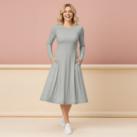 Grey Modest Dress | Charcoal Neutral Long Sleeve Midi Dress with Pockets