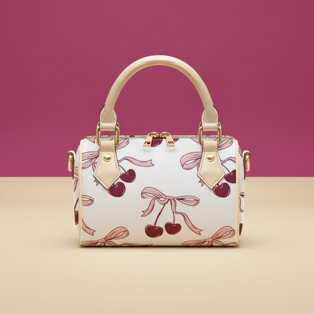 Cherry Handbag | Chic Crossbody Bag with Deep Red Cherries & Pink