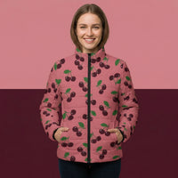 Women's Puffer Coats | Sweet Pink Cherry Print Outerwear