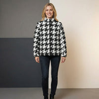 Ladies Black Puffer Coat | Classic Black and White Houndstooth Jacket
