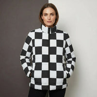 Black Puffer Womens Coat | Retro Black and White Checkered Jacket