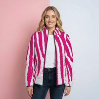 Puffer Coat White | Stylized White and Pink Zebra Print Jacket