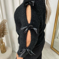 Cut Out Tie Bow Sleeve Detail Chunky Knitted Top