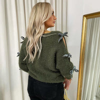 Cut Out Tie Bow Sleeve Detail Chunky Knitted Top