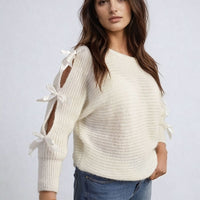 Cut Out Tie Bow Sleeve Detail Chunky Knitted Top