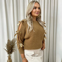 Cut Out Tie Bow Sleeve Detail Chunky Knitted Top