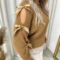 Cut Out Tie Bow Sleeve Detail Chunky Knitted Top
