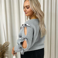 Cut Out Tie Bow Sleeve Detail Chunky Knitted Top