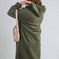 Hooded Longline Coat in Khaki with Open Front and Pockets