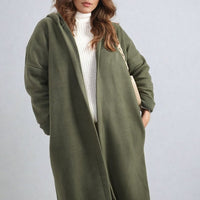 Hooded Longline Coat in Khaki with Open Front and Pockets