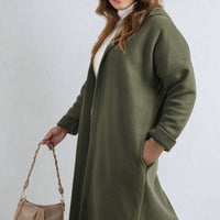 Hooded Longline Coat in Khaki with Open Front and Pockets