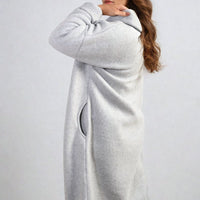 Hooded Longline Coat in Khaki with Open Front and Pockets