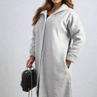 Hooded Longline Coat in Khaki with Open Front and Pockets
