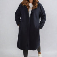 Hooded Longline Coat in Khaki with Open Front and Pockets