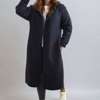 Hooded Longline Coat in Khaki with Open Front and Pockets