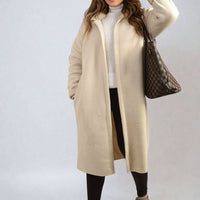 Hooded Longline Coat in Khaki with Open Front and Pockets