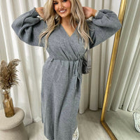 Maxi Cardigan in Brown with Tie Belt and Balloon Sleeves