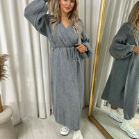 Maxi Cardigan in Brown with Tie Belt and Balloon Sleeves