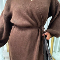 Maxi Cardigan in Brown with Tie Belt and Balloon Sleeves