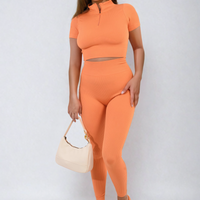 Ribbed Half Zip Crop Top and High Waist Leggings Co-ord Set