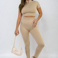 Ribbed Half Zip Crop Top and High Waist Leggings Co-ord Set