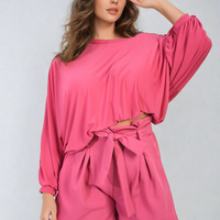 Pink paper bag high-waist shorts with knotted tie belt and pleated front