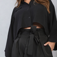 Black paper bag high-waist shorts with bow tie belt and gathered waist