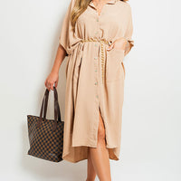 Camel button-down collared midi dress with two front pockets and tied waist