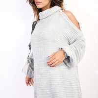 Light grey high-neck oversized knit jumper with cold-shoulder cutouts and studded trim