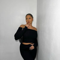 Knitted Co-ord Set in Black with Off Shoulder Crop Top and Trousers