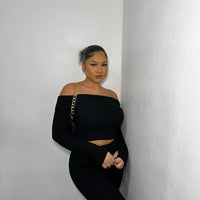 Knitted Co-ord Set in Black with Off Shoulder Crop Top and Trousers