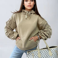 Oversized Hoodie in Pink with Ruched Sleeves and Pouch Pocket
