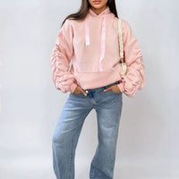 Oversized Hoodie in Pink with Ruched Sleeves and Pouch Pocket