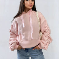 Oversized Hoodie in Pink with Ruched Sleeves and Pouch Pocket