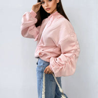 Oversized Hoodie in Pink with Ruched Sleeves and Pouch Pocket