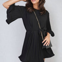 Pleated mini dress with tie waist and wide sleeves, black