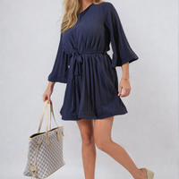 Pleated mini dress with tie waist and wide sleeves, navy blue
