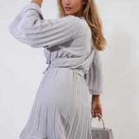 Grey pleated mini dress with tie waist and gathered wide sleeves