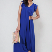 Wide-leg jumpsuit in deep blue with V-neck and ruffle-shoulder sleeves