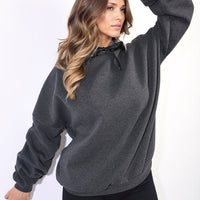 Oversized Hoodie in Dark Green with Ribbon Tie and Ruched Sleeves