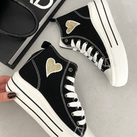 Kids black high-top lace-up trainers with heart appliques and white outsole stripes