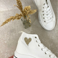 Kids white high-top lace-up trainers with glitter heart emblem and lace-up front