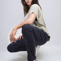 Navy drawstring tapered trousers with side pockets