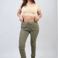 Olive khaki drawstring tapered trousers with side pockets